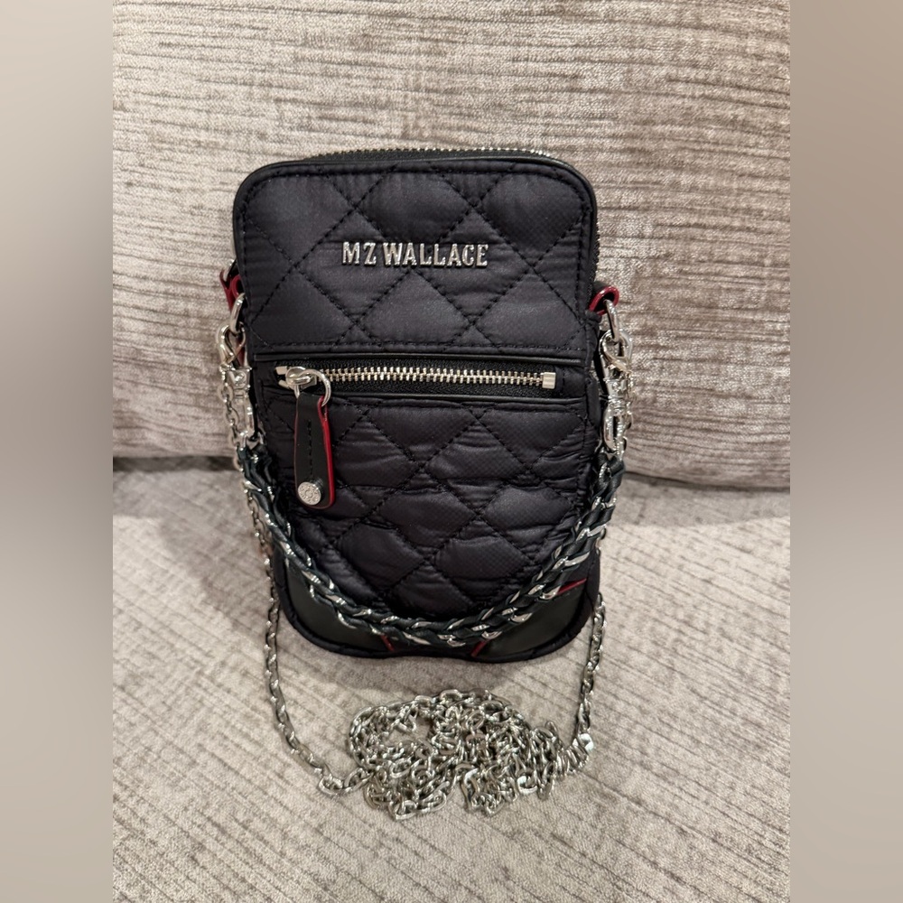 MZ WALLACE Black, Quilted Micro Crosby Crossbody Phone Bag with Silver Chain - Picture 16 of 16